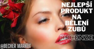 a woman with stylish makeup and red floral accessory promoting a tooth whitening product review, highlighting bright lips and well-groomed appearance.