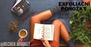 a person relaxing while holding an open book and a cup of coffee, with exfoliating socks and a book titled "Desert" in the background, surrounded by greenery and decorative elements.