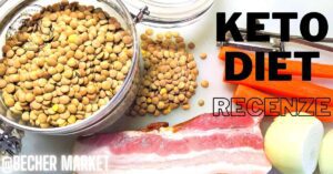 two glass jars filled with different types of lentils, bacon, grated carrots, and an apple on a kitchen counter, illustrating keto-friendly ingredients.