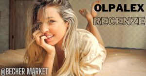 a smiling woman resting her head on her hand, promoting Olaplex hair care with a relaxed, light-toned robe.