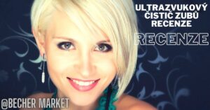 a smiling woman with blonde hair wearing green jewelry, featured in a promotional graphic for reviews of ultrazvukový čistič zubů.