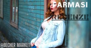 a woman leaning against a blue wall in a casual denim jacket, posing for a beauty review or product showcase related to Farmasi cosmetics.
