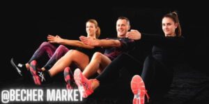 three people sitting in a dynamic pose demonstrating athletic flexibility, wearing sporty attire and red running shoes.