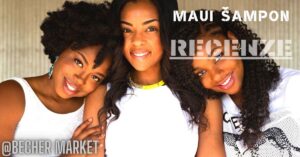 three smiling women posing together, featuring a product review context for Maui šampon with the text "recenze" visible.