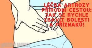 a person holding their lower back in pain with Czech text promoting natural arthritis relief methods.
