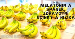 a neatly arranged display of ripe bananas on a wooden surface with overlaid text about melatonin and sleep benefits, risks, and health effects.
