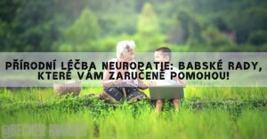 an elderly person and a child sitting in green grassy field, discussing natural remedies with a laptop, surrounded by plants and baskets.