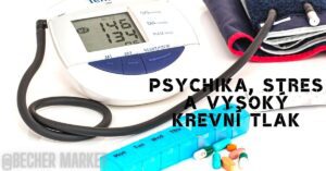 a blood pressure monitor displaying high readings alongside medication pills and a weekly pill organizer, emphasizing stress-related hypertension management.