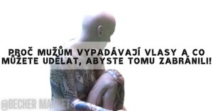 a tattooed man sitting with blurred face, questioning hair loss with text overlay in Czech about preventing mužská vypadávání vlasů