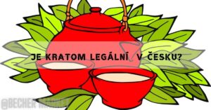 a red illustrated teapot and cup surrounded by green leaves with the text "Je kratom legální v Česku?"