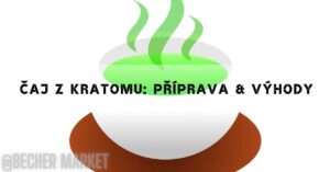 an illustrated graphic of a steaming cup of kratom tea with a bowl and spoon, highlighting "kratom čaj: příprava & výhody"