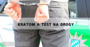a person in handcuffs showing fists, with text overlay "Kratom a testy na drogy" near a police vehicle emblem.