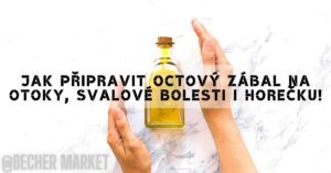 hands holding a small bottle of oil with cork stopper, demonstrating preparation of an apple cider vinegar wrap for swelling and muscle pain relief.