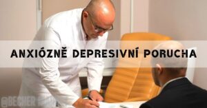 a doctor in a white coat discussing anxiózně depresivní porucha with a patient during a consultation