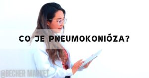 a woman in a white lab coat holding a tablet, looking concerned while text "co je pneumokonióza?" overlays the image