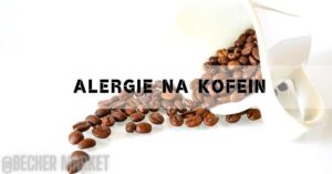 coffee beans spilling from a cup next to a glass of milk, highlighting potential caffeine allergy elements