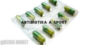 a blister pack of green and yellow capsule-shaped antibiotics, labeled in context of "antibiotika a sport"