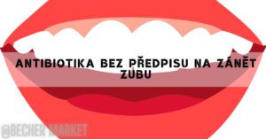 a stylized graphic of an open mouth with teeth, highlighting the text "antibiotika bez předpisu na zánět zubů"