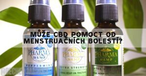 three bottles of Pharma Hemp CBD oral oil tinctures with peppermint and extra strength labels, set against green foliage.