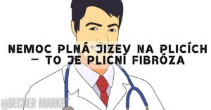 a stylized drawing of a doctor in a white coat holding a stethoscope, pointing to text about breathing difficulties related to plicní fibróza