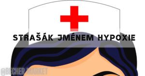 a stylized graphic featuring a red cross symbol atop a wave-like illustration, labeled "strašák jménem hypoxie" indicating a visual metaphor for health warnings about hypoxie (oxygen deficiency) effects.