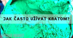 a close-up of a greenish-blue kratom leaf or plant surface with a text overlay asking "jak často užívat kratom"