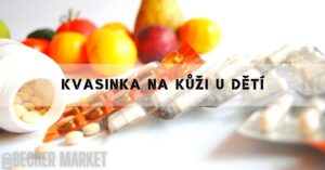 a close-up of colorful fruits including oranges and tomatoes, alongside prescription capsules and blister packs, suggesting natural and medicinal treatments for skin issues like fungal infections in children