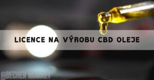 a close-up of a droplet of CBD oil dripping from a dropper, highlighted against a blurred background with text "licence na výrobu CBD oleje"