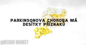 a bottle of fish oil supplements spilling capsules with text in Czech mentioning Parkinsonova choroba and its symptoms.