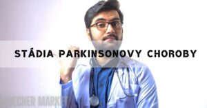 a doctor in a blue shirt and stethoscope demonstrating motor symptoms related to Parkinson’s disease stages, gesturing with one hand raised.