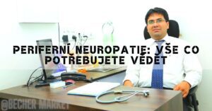 a doctor seated at a desk with medical equipment, stethoscope, and laptop, discussing periferní neuropatie diagnostika and informational aspects.