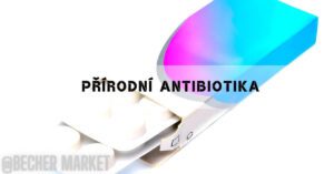 an open box of colorful, gradient-hued tablet blister pack labeled for natural health remedies, highlighting přírodní antibiotika