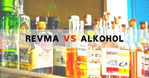 a collection of various alcohol bottles on a bar shelf with blurred text overlay "revma vs alkohol"