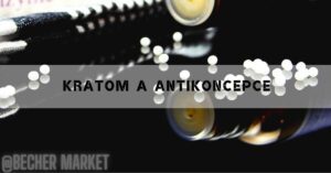 a close-up of a blurred string of white kratom pills with a lens flare effect, overlaid with text "KRATOM A ANTIKONCEPCE"