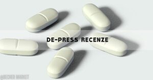 a cluster of white oval capsules against a plain background with "De-Press Recenze" text overlay.