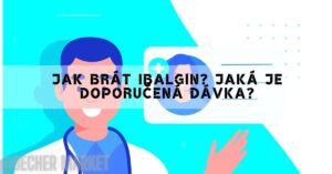 a cartoon illustration of a doctor gesturing towards a digital tablet displaying a medical consultation, with text asking "Jak brát Ibalgin? Jaká je doporučená dávka?"