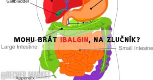 a medical diagram of the human digestive system highlighting the gallbladder, intestines, and asking about taking Ibalgin for gallbladder pain.