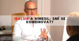 a man in a white shirt gesturing during a discussion about medication, with text overlay asking about combining Nimesil and Ibalgin.