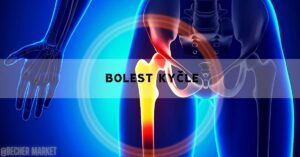a 3D medical illustration of a human hip joint replacement surgery highlighting kyčelní kloub with glowing effects showing bolest kyčle area.