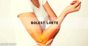 a person demonstrating loketní kloub pain by gripping their arm near the elbow with highlighted inflamed area