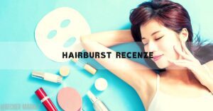 a woman relaxing with various beauty products including lipsticks, a compact mirror, and skincare bottles, suggesting a Hairburst product review setting.