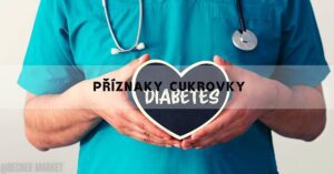 a medical professional holding a heart-shaped sign with "příznaky cukrovky" and "diabetes" written on it