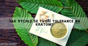a white plate with kratom capsules and powder surrounded by green leaves on a wooden surface, illustrating factors affecting kratom usage tolerance.