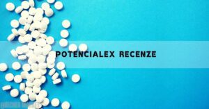a close-up of scattered white pills against a blue gradient background with "Potentialex recenze" text overlay.