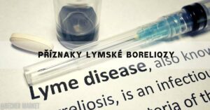 a syringe with a vial of liquid sample and a pill next to text about Lyme disease symptoms and Borrelia infection.