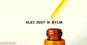 a small amber glass dropper bottle of herbal oil with golden liquid dripping out, labeled "olej just 31 bylin"