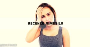 a woman holding her forehead in apparent discomfort or pain, with text overlay "Recenze Nimesilu"