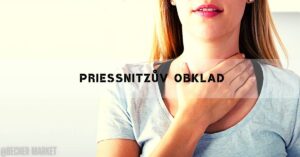 a person applying a cold compress or wrap to their neck, demonstrating a Priessnitzův obklad technique.