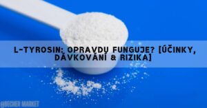 a white scoop filled with powdered L-tyrosin amino acid on a blue background with spilled powder.