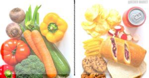 a comparison of fresh vegetables and high-carb processed foods like chips, pasta, sandwiches, and sweets for dietary contrast.